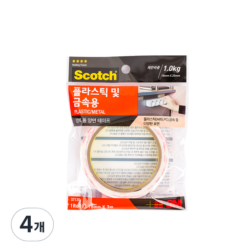 3M 스카치 플라스틱 금속용 폼 양면테이프 18mm x 3m, 4개