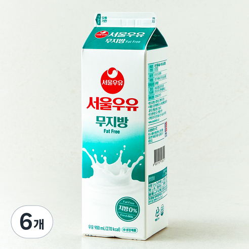 서울우유 무지방 우유, 6개, 900ml