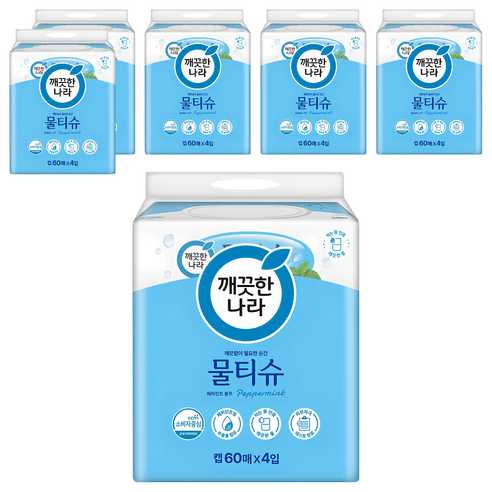 깨끗한나라 물티슈 페퍼민트블루 캡형, 60개입, 24개