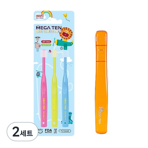 메가텐 키즈 360 어린이 유아칫솔 1단계 3P + 케이스세트, 혼합색상, 2세트