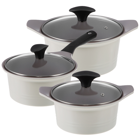 Komet Kitchen Ceramic Pot Set of 3, Beige, Double Handle Pot 16 cm + Single Handle Pot 18 cm + Double Handle Pot 20 cm