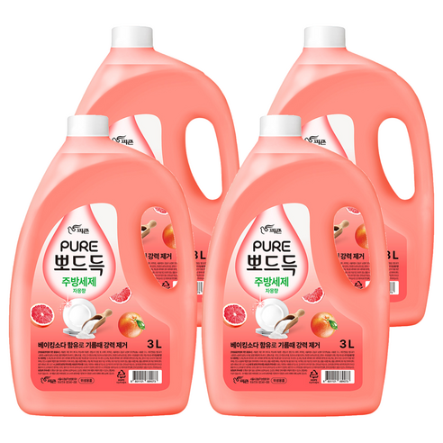 피죤퓨어 뽀드득 주방세제 자몽향, 4개, 3L