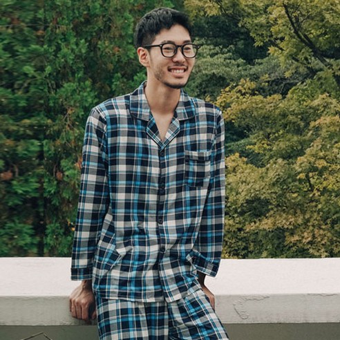 파란 남성용 클래식 체크 피치기모 잠옷 상하의 세트