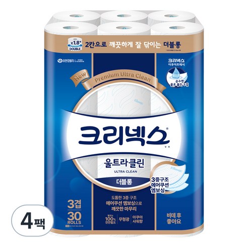 크리넥스 울트라클린 더블롱 3겹 천연펄프 고급롤화장지, 27m, 30개입, 4개