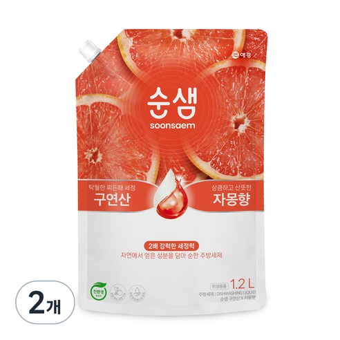 순샘 구연산 자몽 주방세제 리필, 1.2L, 2개