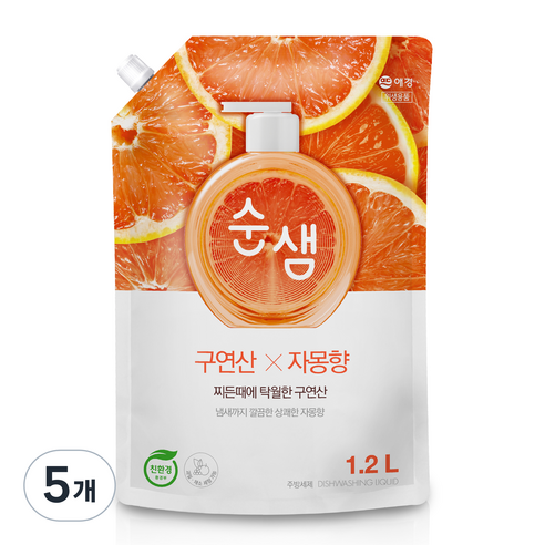 순샘 구연산 자몽 주방세제 리필, 1.2L, 5개