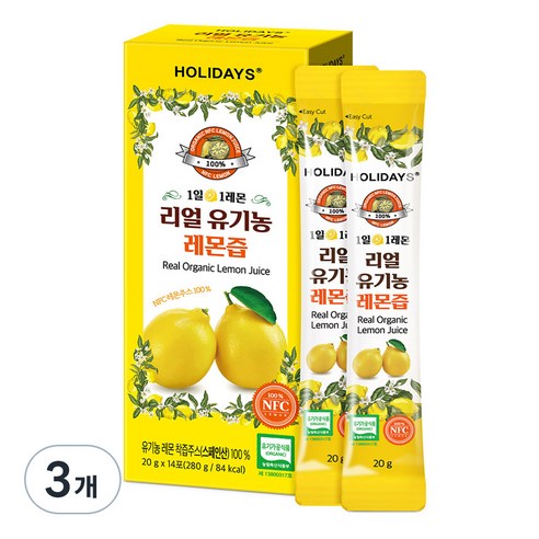 홀리데이즈 NFC 착즙 100% 리얼 유기농 레몬즙 14포, 280ml, 3개