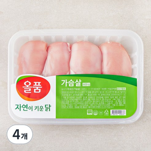 올품 무항생제 인증 자연이키운닭 가슴살 (냉장), 600g, 4팩