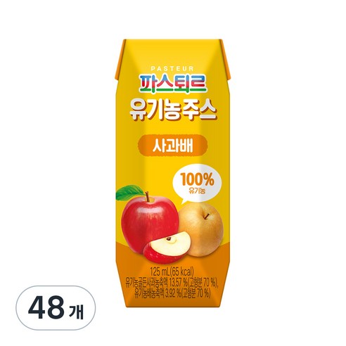 파스퇴르 유기농주스, 사과 + 배 혼합맛, 48개, 125ml
