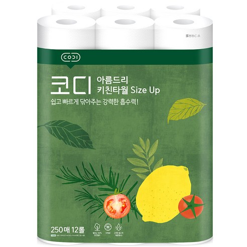 코디 아름드리 Size Up 키친타올 250매, 12롤, 12개