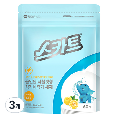 스카트 올인원 식기세척기 세제 뽀드득 유자향 60p, 600g, 3개