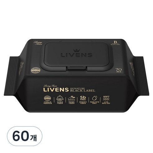리벤스 유아용 시그니처 블랙라벨 도톰한 물티슈 캡형, 60개, 70매, 70g