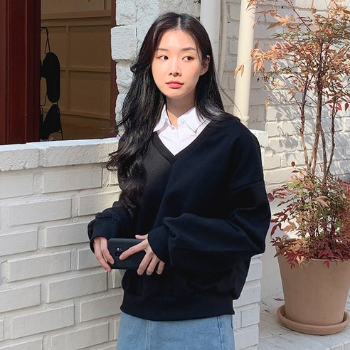 반에이크 여성용 뿌이 브이넥 기모 맨투맨