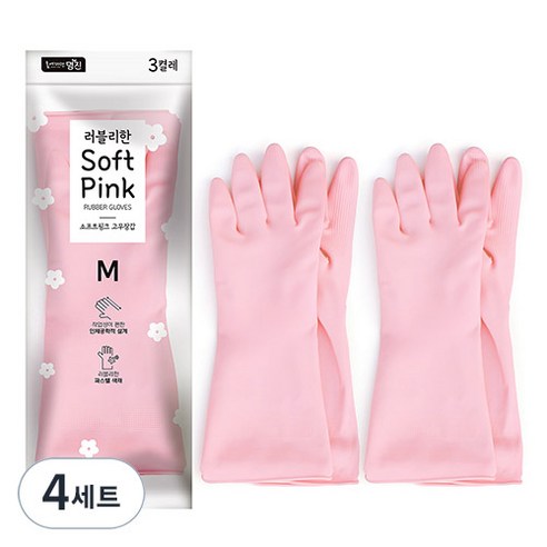 명진 소프트핑크 고무장갑 3켤레 세트, 중(M), 4세트