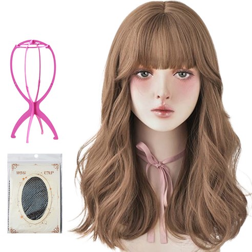 하이유니 그레이스 웨이브 펌 헤어 통가발 52cm + 가발망 + 거치대 세트, 허니브라운, 1세트
