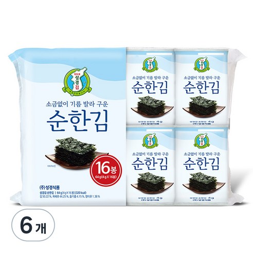 지도표 성경김 소금없이 기름 발라 구운 순한김, 64g, 6개