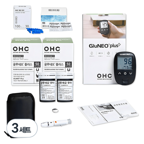 오상헬스케어 글루네오 플러스 혈당측정기 + 시험지 100p + 채혈침 110p + 알콜솜 100p 채혈침, 3세트