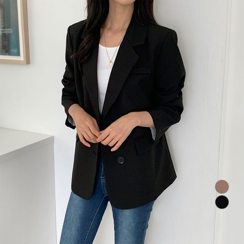 아피나르 여성용 스탠다드핏 투버튼 싱글 자켓, Black, L~XL 색상 × 사이즈, Black × L~XL 섬네일