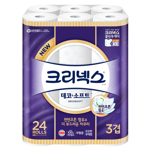크리넥스 데코앤소프트 천연펄프 3겹 고급롤화장지, 28m, 24개입, 1개