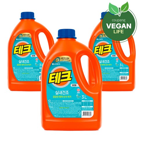 테크 실내건조 액체세제 일반 단캡, 3L, 3개