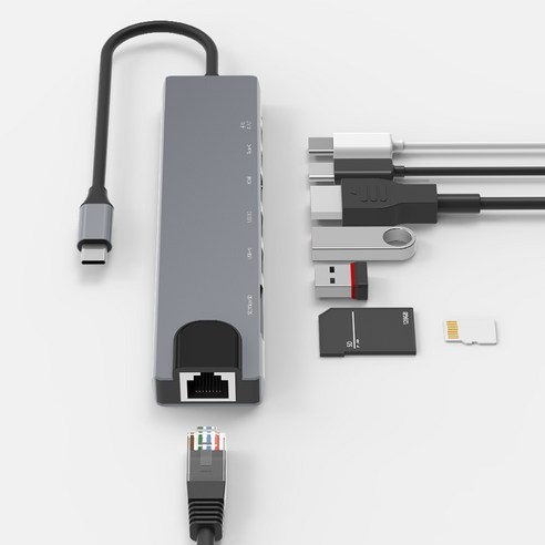 홈플래닛 8포트 USB3.0 이더넷 멀티허브 (USB*2 타입C*2 이더넷 HDMI SD) / HUB8C-Y, 그레이, 1개