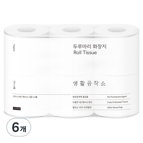 생활공작소 천연펄프 3겹 두루마리 화장지, 27m, 6롤, 6개