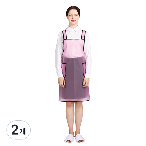 웰프런 우레탄 방수앞치마 검정파이핑 소, 반투명 핑크, 2개
