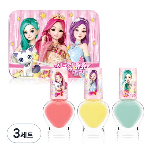 리틀블링 시크릿쥬쥬 별의 여신 틴케이스 어린이 네일 3종 세트, 크림민트, 크림핑크, 크림 옐로우, 3세트