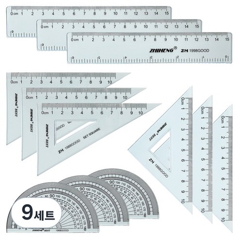 ZHIHENG 각도기 + 삼각자 2종 + 자 15cm 세트, 혼합색상, 9세트