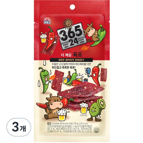 해표 365 24 더 매운 육포, 70g, 3개