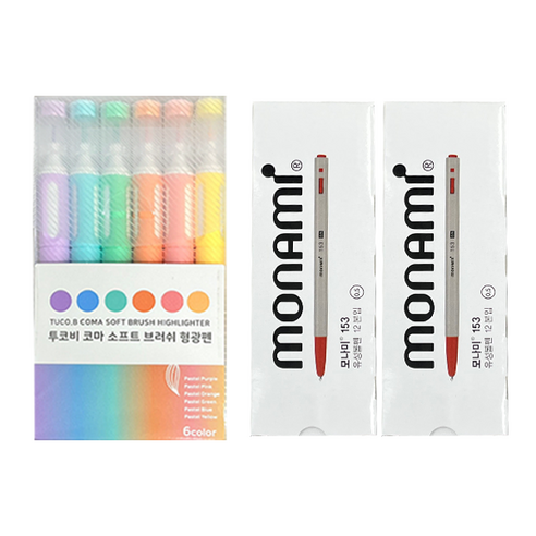 투코비 코마 소프트 브러쉬 형광펜 6종 + 모나미 153 볼펜 0.5mm 24p 세트, 파스텔퍼플, 파스텔블루, 파스텔그린, 파스텔오렌지, 파스텔핑크, 파스텔옐로우(형광펜), 레드(볼펜), 1세트