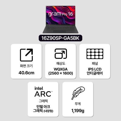 LG 2024 그램 프로 16 코어Ultra5 인텔 14세대, 옵시디안 블랙, 512GB, 16GB, WIN11 Home, 16Z90SP-GA5BK