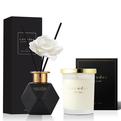 코코도르 소이캔들 미디움자 220g + 블랙골드에디션 디퓨저 200ml 세트, 캔들(블랙체리)+디퓨저(편백), 1개