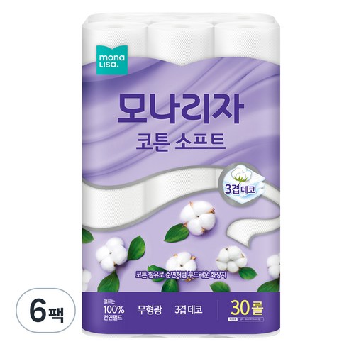 모나리자 코튼 소프트 천연펄프 3겹 고급롤화장지, 25m, 30롤, 6개