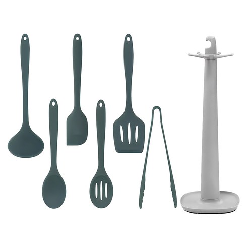 릴리브 실리콘 조리도구 7종 세트, 건지기 1p+집게 1p+요리스푼 1p+스파츌라 1p+뒤집개 1p+국자 1p+스탠드 1p, 딥그린, 1개