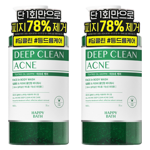 해피바스 딥클린 티트리 아크네 등드름 케어 올인원 대용량 바디워시 아로마틱 우디 향, 900g, 2개