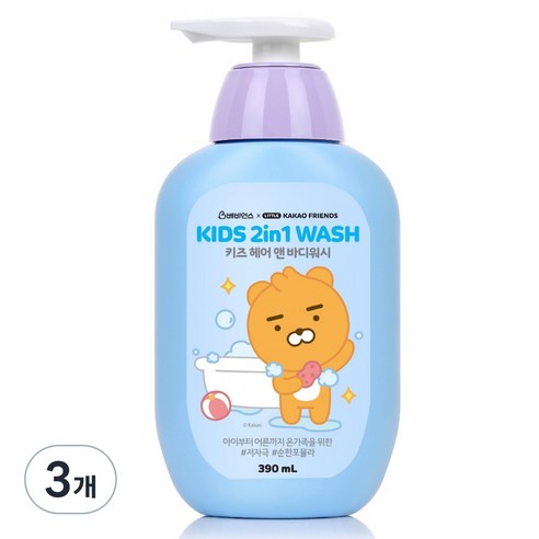 베비언스 리틀카카오프렌즈 키즈 헤어 앤 바디워시 블루, 390ml, 3개