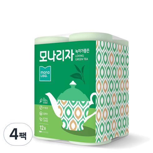모나리자 녹차가 좋은 천연펄프 3겹 고급롤화장지, 30m, 12개입, 4개
