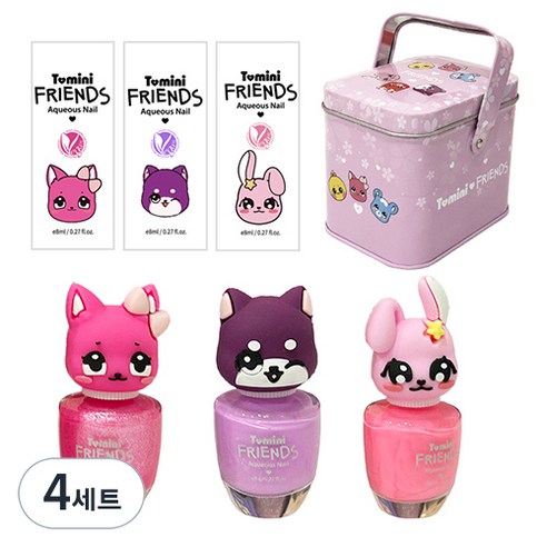 투미니 프렌즈 수성 어린이 매니큐어 고양이 + 토끼 + 강아지 + 틴케이스, 4개, 트윙클핑크 + 피치핑크 + 라벤더