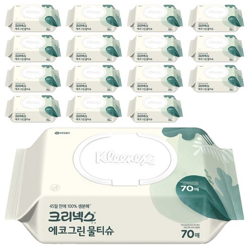 크리넥스 에코 그린 물티슈 캡형 랜덤 발송, 50g, 70개입, 16개