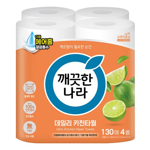 깨끗한나라 데일리 키친타월, 130매, 4개
