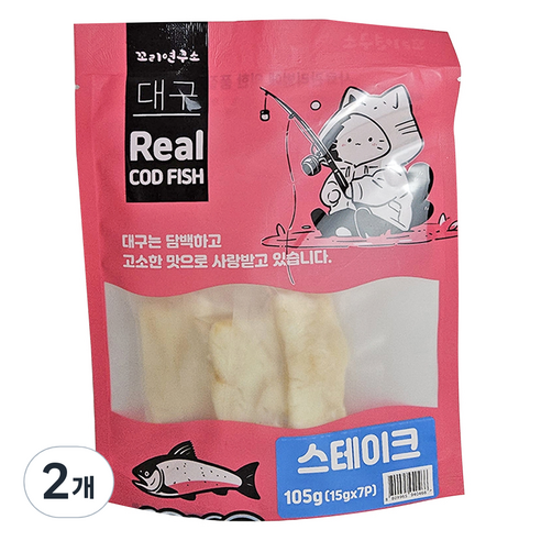 꼬리연구소 고양이 리얼 스테이크 순살 간식 통살 7p, 105g, 2개, 대구맛