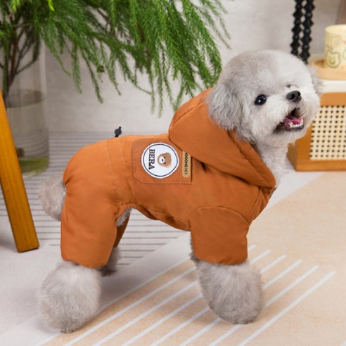 딩동펫 반려동물 포켓 곰돌이 하네스 올인원 패딩, 브라운