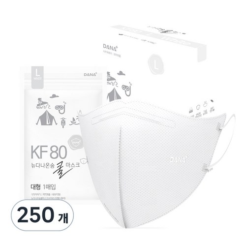 다나마스크 뉴다나온숨 새부리형 쿨마스크 대형 KF80, 1개입, 250개, 흰색