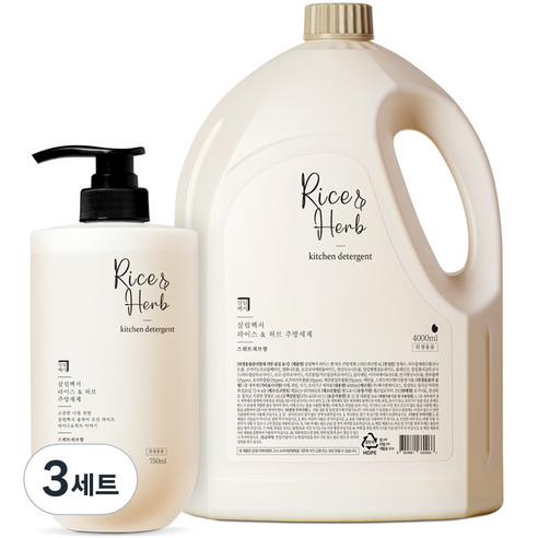살림백서 라이스 앤 허브 주방세제 스위트허브향 본품 750ml + 리필 4L 세트, 3세트