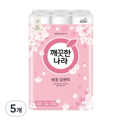 깨끗한나라 벚꽃 로맨틱 천연펄프 3겹 고급롤화장지 27m, 30개입, 5개