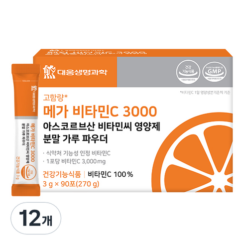 대웅생명과학 메가 비타민C 3000 아스코르브산 비타민씨 영양제 분말 가루 파우더 90p, 270g, 12개
