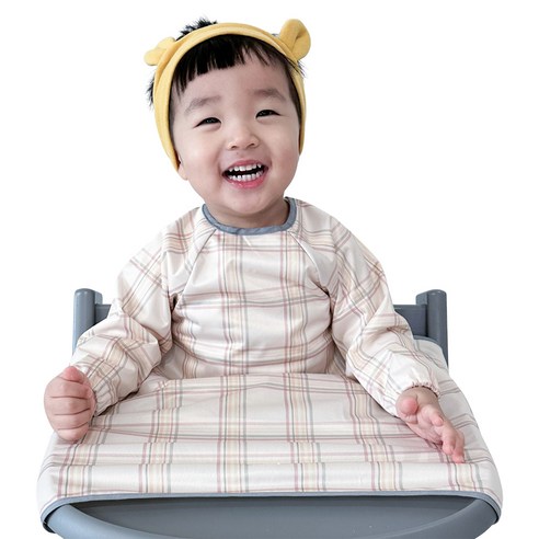 벨베이비 유아용 자기주도 긴팔 부분커버 이유식 턱받이, (리뉴얼)베이지 체크, 1개, 1개입