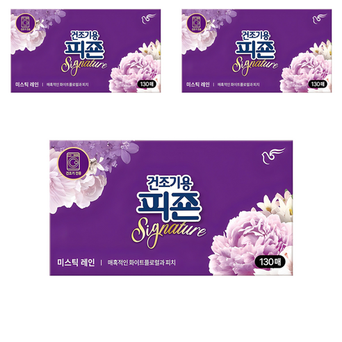피죤 건조기용 시그니처 시트 섬유유연제 미스틱레인 본품, 130매, 3개