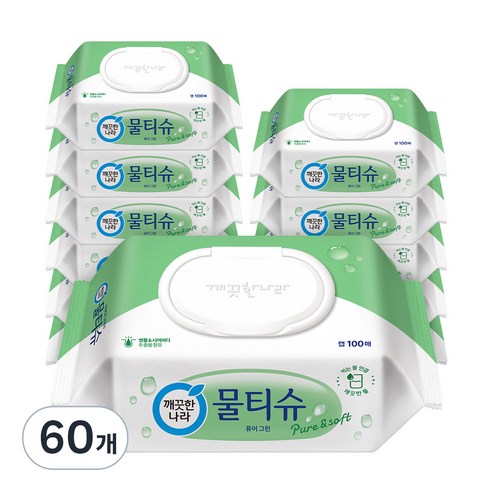 깨끗한나라 물티슈 퓨어 그린 캡형, 100매, 60개
